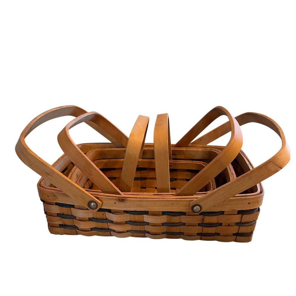 Vintage‎ Set of (3) Rectangular Nesting Baskets Double Swing Handles Woven